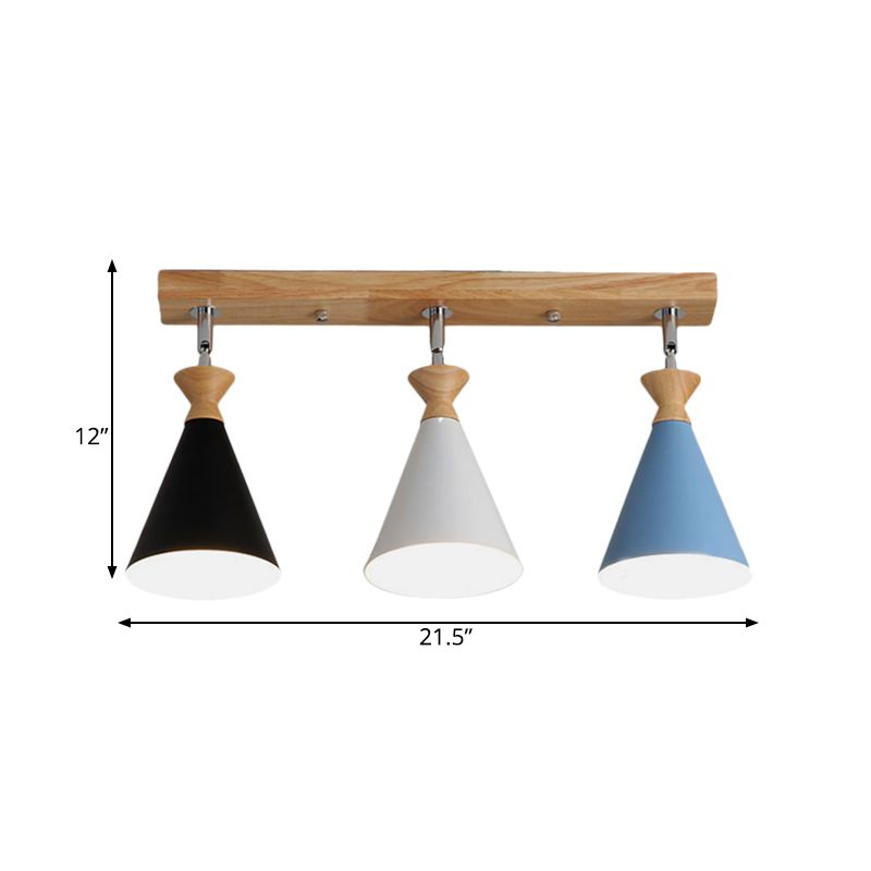 3 Heads Living Room Semi Flush Lamp Macaron Black-White-Blue and Wood Close to Ceiling Light with Conic Iron Shade