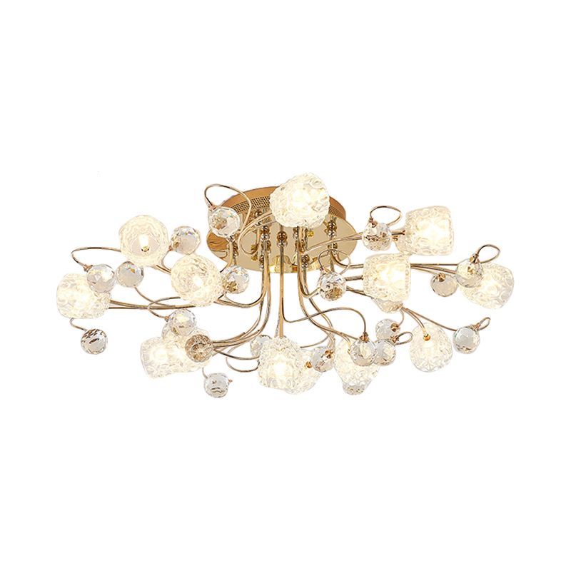 13 Lights Semi Flush Mount Chandelier Modern Flowerbud Bubble Glass Ceiling Lamp in Gold