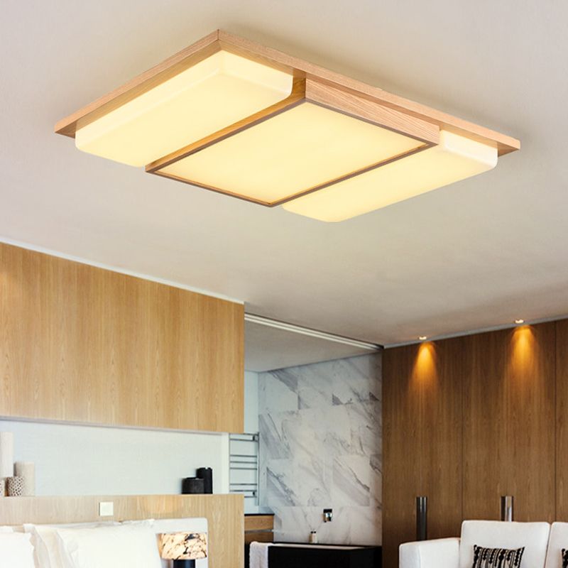 Rectangle Living Room Ceiling Lamp Ash Wood Minimalist LED Flush Mount Lighting