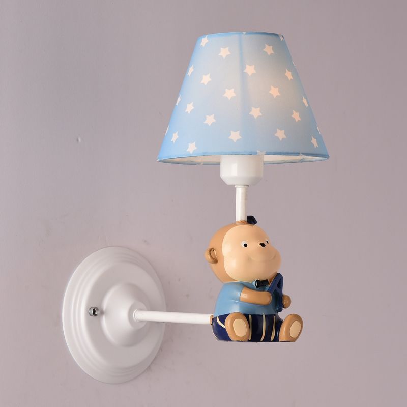Cone Kids Bedside Wall Mounted Light Fabric 1 Light Cartoon Sconce Ideas in Blue/Red with Little Bear Decor