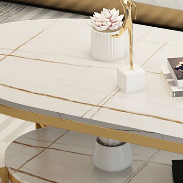 Oval Slate Top Coffee Table Iron 4 Legs Cocktail Table with Shelf