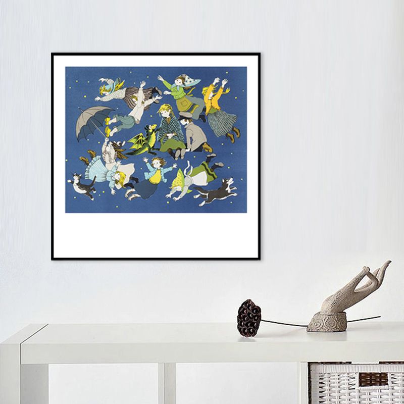 Blue Childrens Art Wall Decor Illustration Kids in the Sky Canvas Print for Bedroom