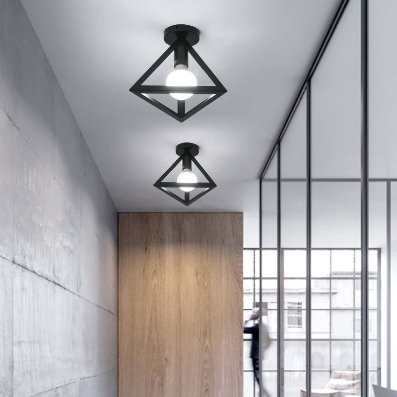 Geometric Pendant Light Industrial 1 Light Metal Flush Mount Light Fixture in Black