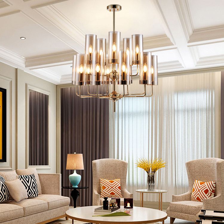 Post-Modern Metal Hanging Chandelier Light Cylindrical Glass Shade Ceiling Chandelier in Gold for Living Room