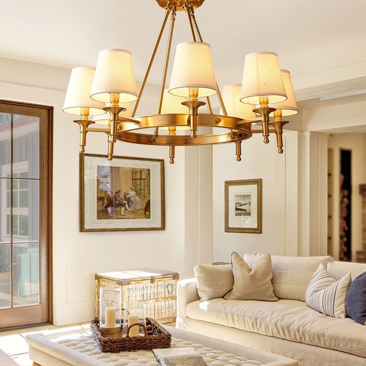 Post-Modern Circular Hanging Chandelier Light White Fabric Shade Ceiling Chandelier in Gold for Living Room