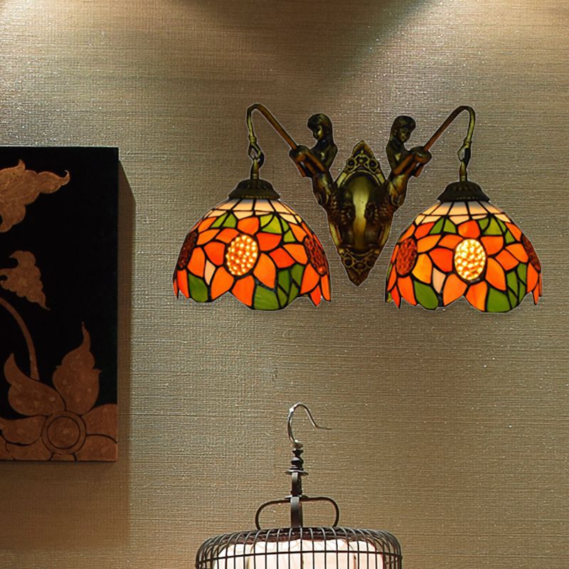 Sunflower Wall Mounted Lamp Tiffany Orange Glass 2 Heads Bedroom Sconce Light in Bronze