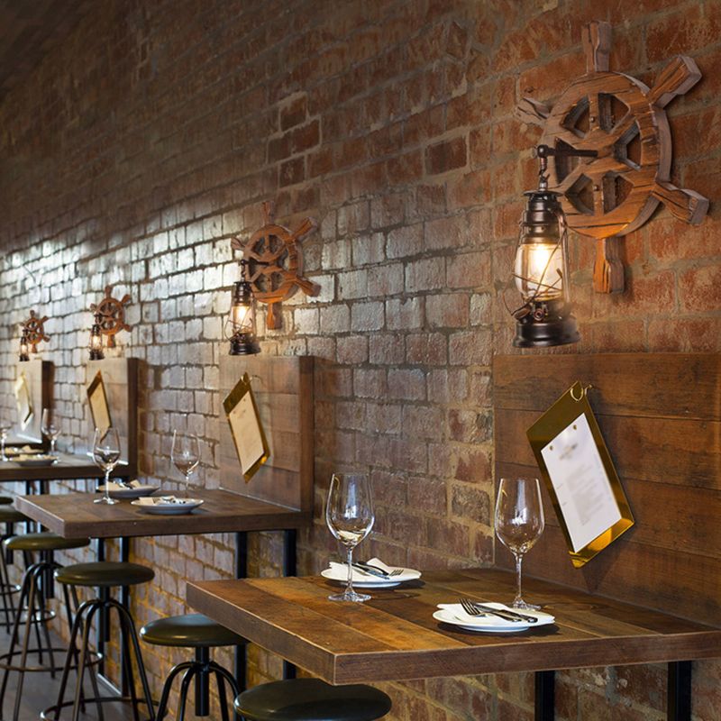 Industrial Nautical Style Wall Sconce Vintage Wooden Rudder Wall Lamp for Restaurant Bar
