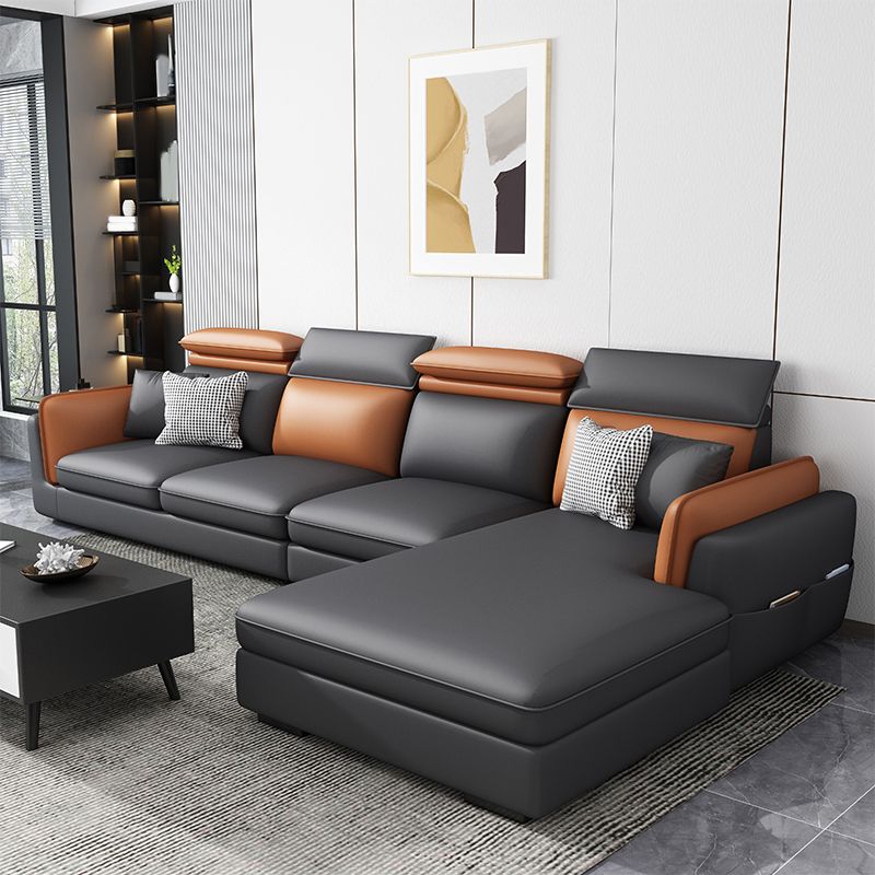 Scandinavian Dark Gray Cushion Back Faux Leather Storage Sofa & Chaise