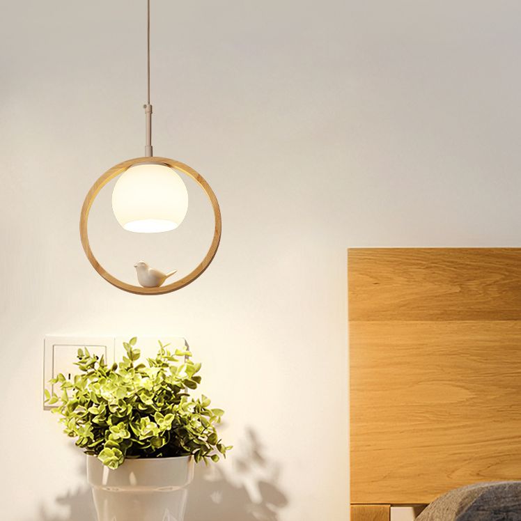 1 Luz de colgante ligero Lámpara de colgante de madera natural redonda contemporánea con pájaro pequeño