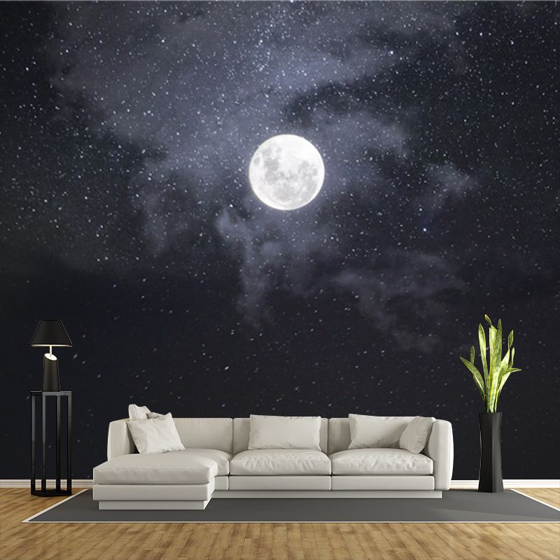 Moon and Starry Sky Mural Wallpaper in White on Black Contemporary Wall Art for Home