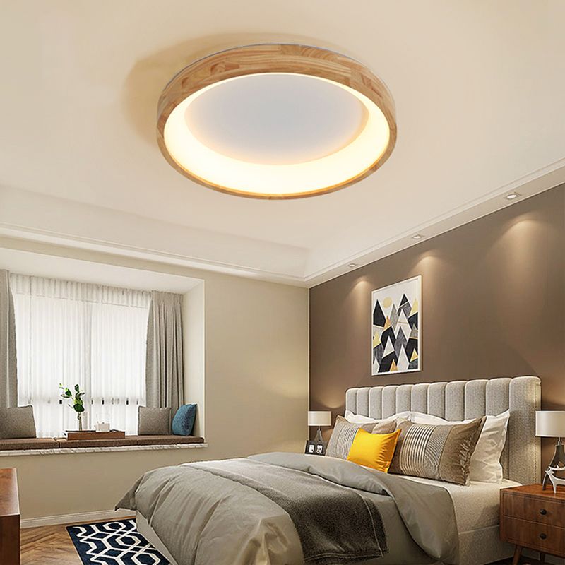 Geometric LED Flush Light Nordic Wooden Living Room LED Flush Mount Ceiling Light in Beige