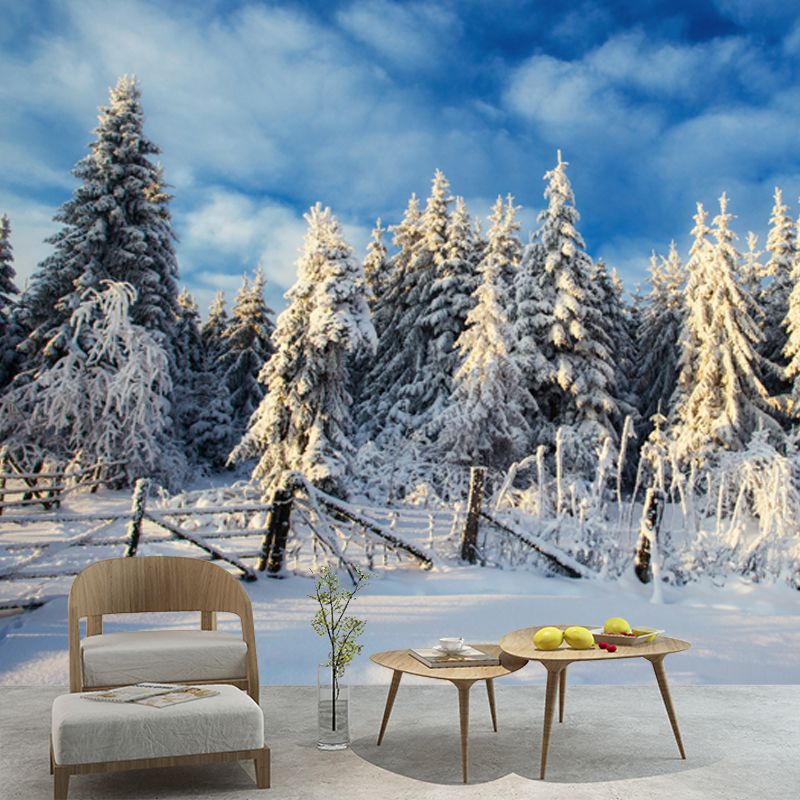 Modern Snow Cypress Mural Wallpaper Blue Cloudy Sky Wall Decoration for Corridor