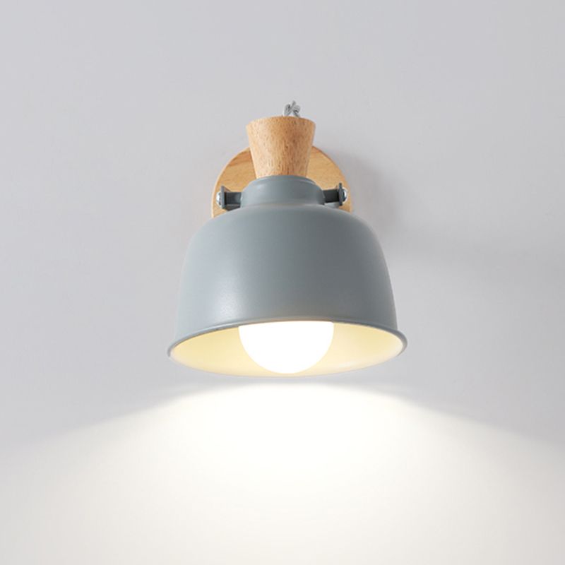 Bowl Bedside Wall Light Fixture Iron 1 Light Macaron Handle Sconce Lamp in Grey/Black with Wood Top and Backplate