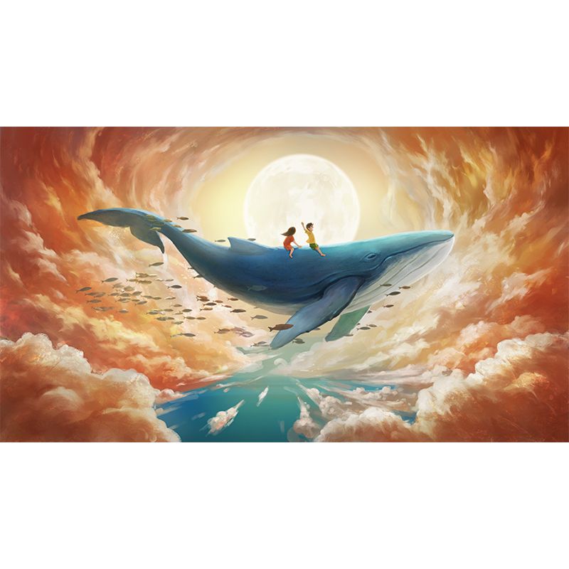 Smooth Whole Yellow-Blue Mural Childrens Art Kids Trip with Whale Under Super Moon Wall Covering, Custom Made