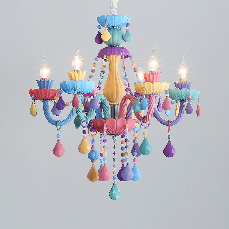 Candle Baby Room Chandelier Metal Macaron Suspension Light with Crystal Drapes