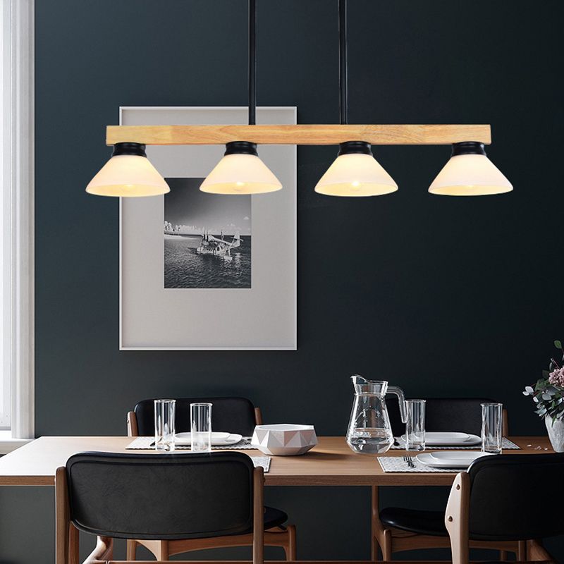 Nordic Linear Wood Hanging Light 4 Heads Island Ceiling Light in Gold/Black Finish with Cone Opal Glass Shade