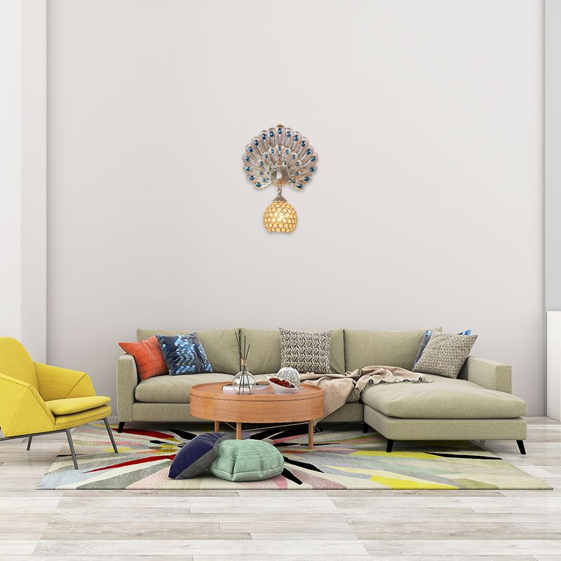 Retro Stylish Global Wall Light Sconce Clear Crystal 1 Light Wall Lamp with Peacock Backplate in Silver/White