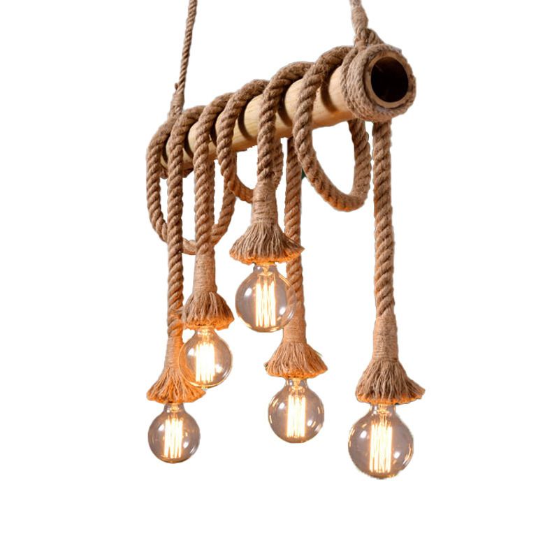 3/4 Lights Open Bulb Island Light Lodge Industrial Beige Adjustable Rope Ceiling Light with Bamboo