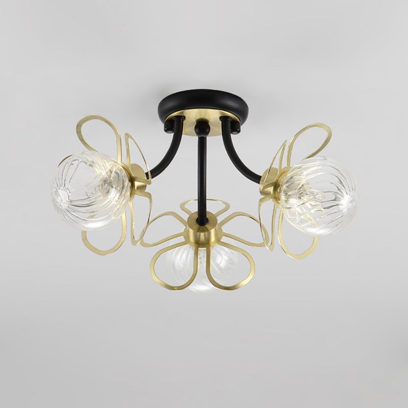 Metal Floral Flush Lighting Modernism 3 Lights Black Semi Ceiling Flush Mount with Modo Clear Prismatic Glass Shade