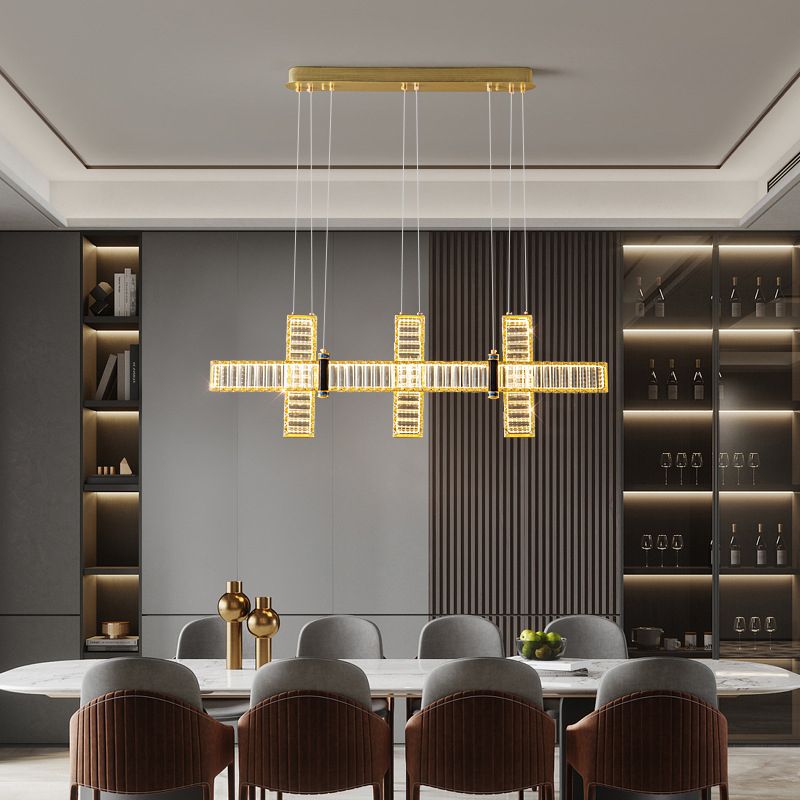 Contemporary Island Light Fixtures Linear LED Hanging Lamp with Crystal for Dining Room