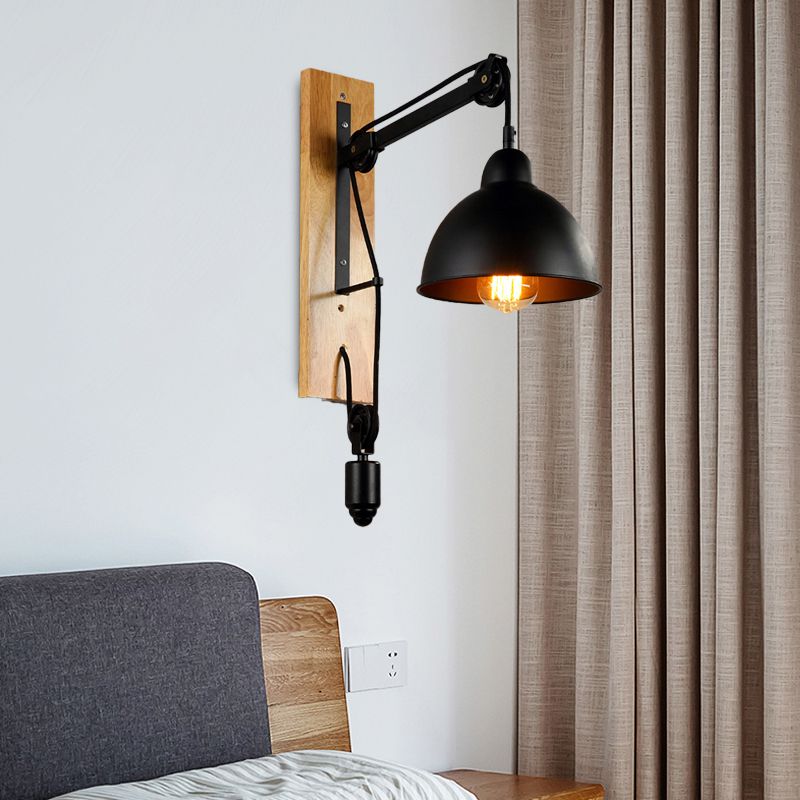 Domed Indoor Wall Mount Light Industrial Metal 1 Head Black Sconce Light with Beige/Brown Wood Backplate and Pulley