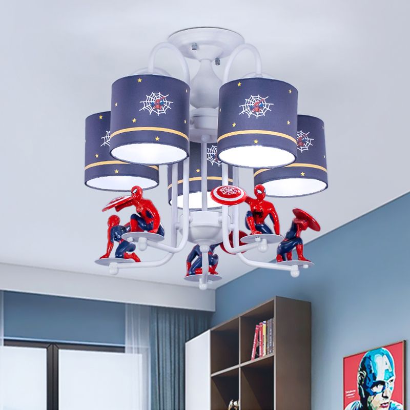Azul Cilíndrico semi rascador de techo niños 5 luces 5 luces de montura de montura de tela con caricatura