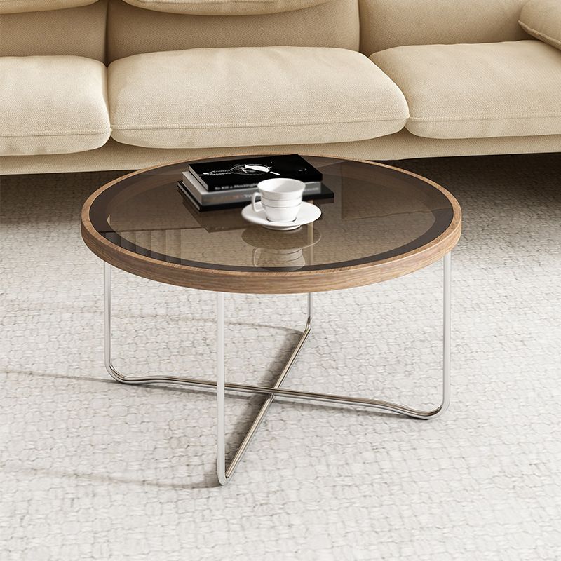 Cross Legs Base Design Cocktail Table Glass Desktop Round Coffee Table with Metal Base
