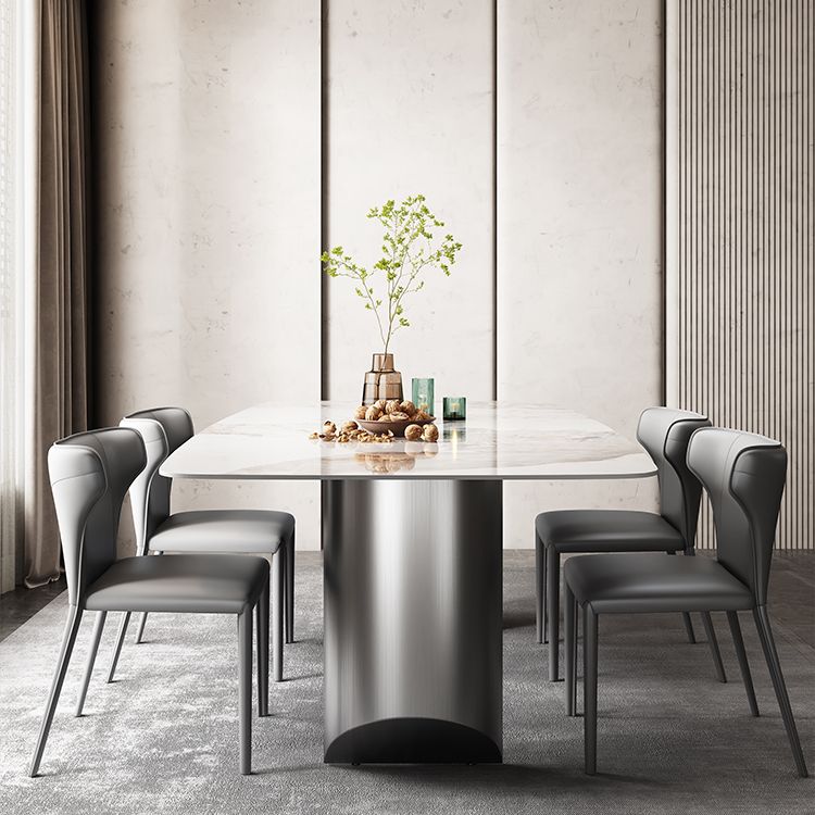 Modern Rectangular Stone Top Dining Table Double Pedestal Metal Base
