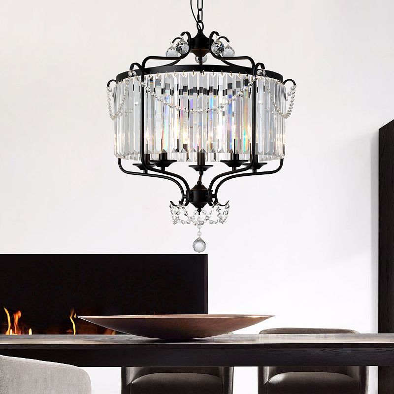 Faceted Crystal Chandelier Lamp Round Countryside Pendant Light Kit with Wire Cage for Living Room
