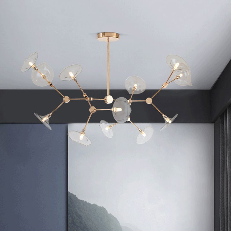 POSTMODERN RAMICATO CHANDELIER CINGAC Glass 12 teste Soggiorno Luce a sospensione in oro con tonalità svasata