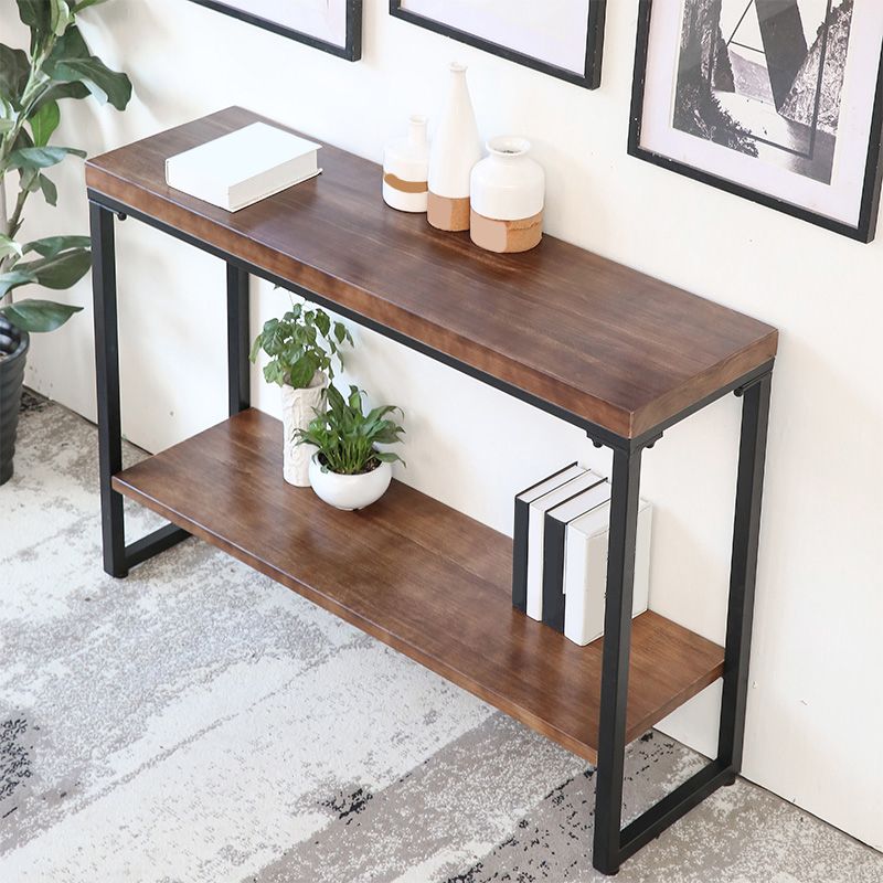 Storage Console Table Trestle Solid Wood Console Table in Brone with Shelf