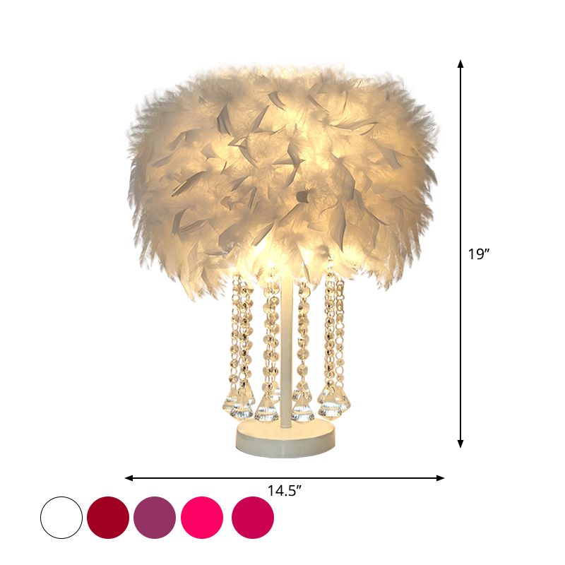 Lampe à table ronde rouge / rose / violet moderniste 1-Light Feather Tablette de nuit avec cristal de drapage