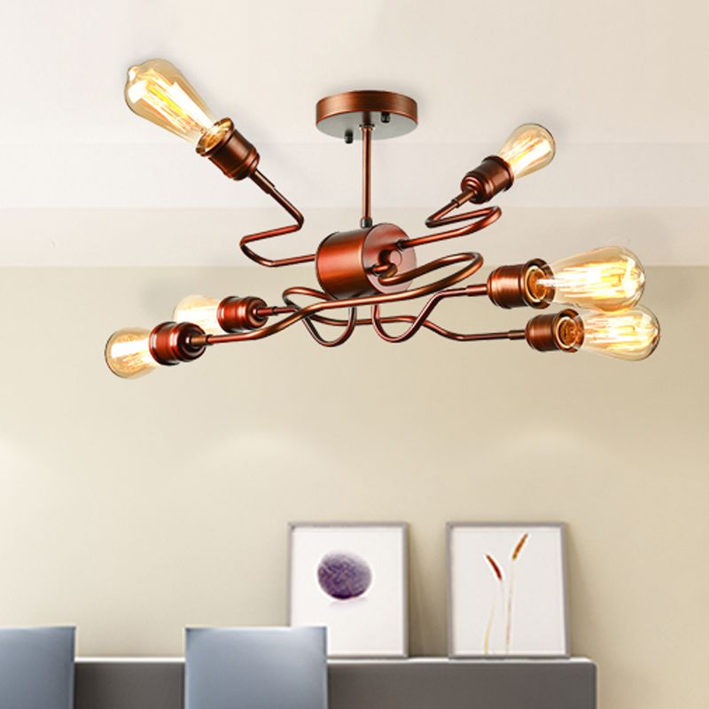Plafonnier en fer à bras torsadé, style ferme, 6 lumières, éclairage semi-encastré pour salon, en cuivre