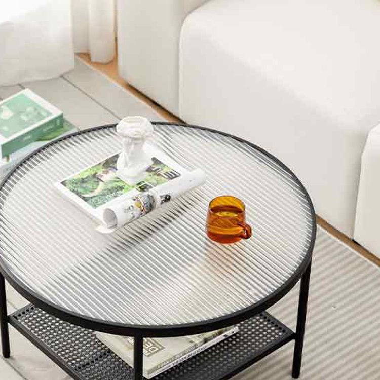Modern 17.7"H Round Glass Cocktail Table Iron 4 Legs Coffee Table with Shelf