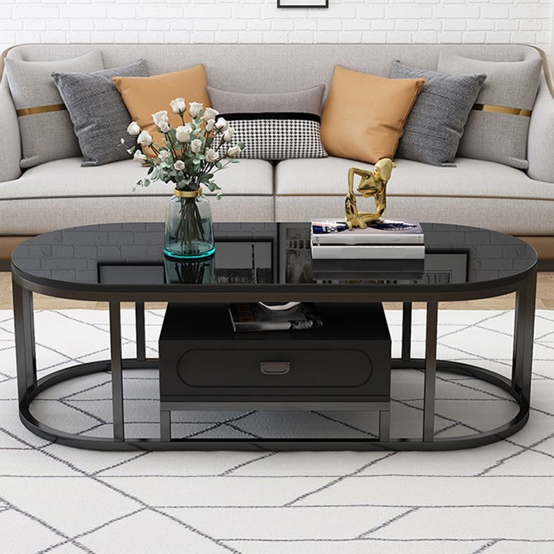 Oval Tempered Glass Frame Base Design Modern Style Coffee Table with Drawers