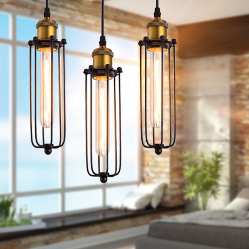 Vintage Industrial Cylindrical Wire Cage Pendant Light Black Metal Suspension Light for Living Room
