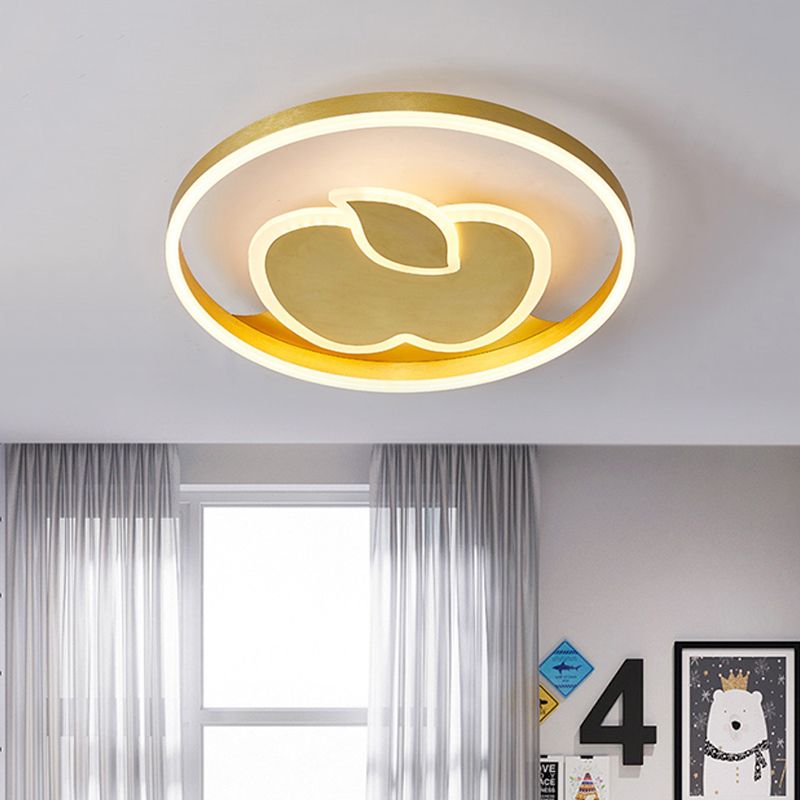 Kids Style Super Thin Flush Ceiling Light Acrylic Bedroom LED Flush-Mount Light Fixture with Fish/Apple Pattern in Gold