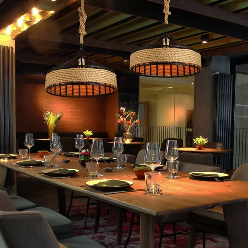 Barn Caged Dining Room Ceiling Pendant Rustic Rope 1-Light Brown Hanging Light Fixture, 12"/16"/19.5" Wide