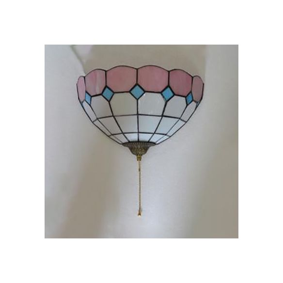 Pink and White Bowl Wall Mount Light Stained Glass 1 Bulb Tiffany Wall Sconce Light with Pull Chain