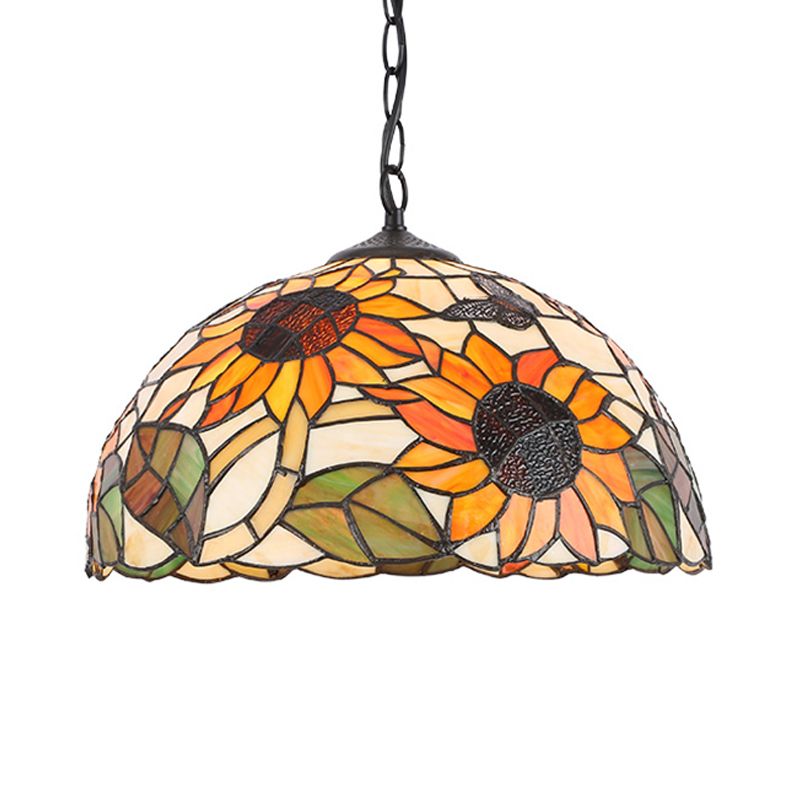 Stained Glass Black/White Pendant Lamp Domed 1 Light Baroque Floral Patterned Hanging Light Kit for Kitchen