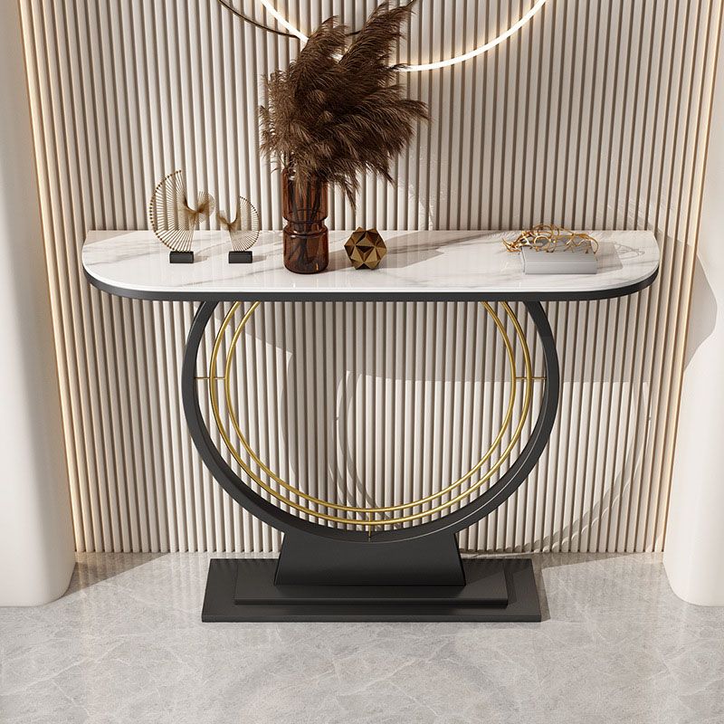 Contemporary Iron Console Sofa Table Stone Half Moon End Table for Hall