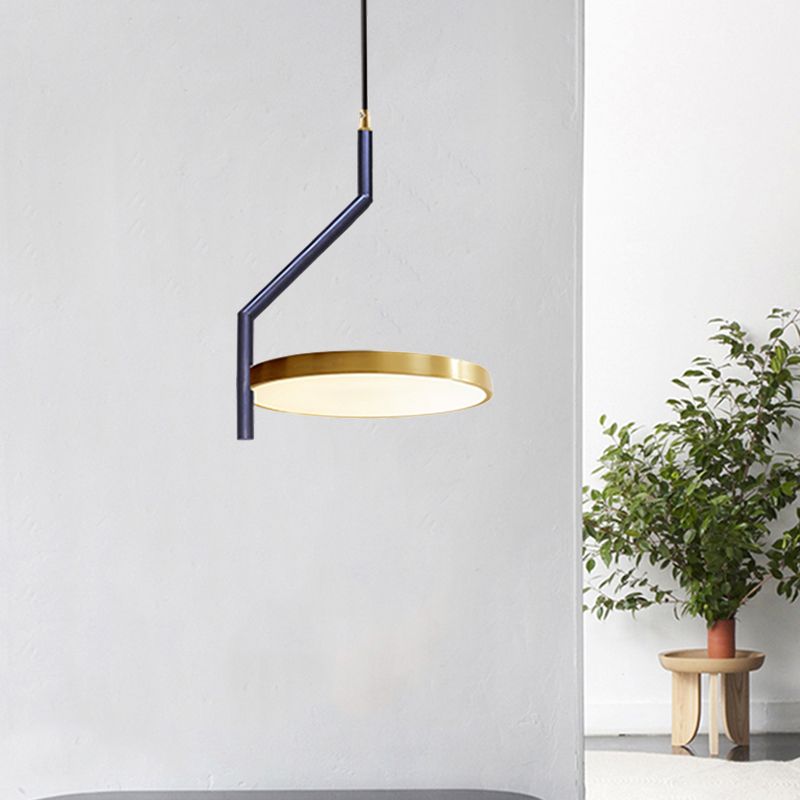Black and Gold Circle Ceiling Pendant Light Modernist Metal LED Suspension Lamp with Curved Rod for Living Room
