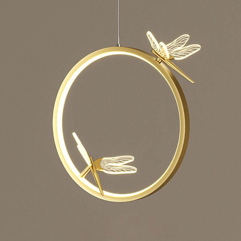 Metal Circle Hanging Pendant Light Modern LED Pendant Ceiling Light with Dragonfly Decor
