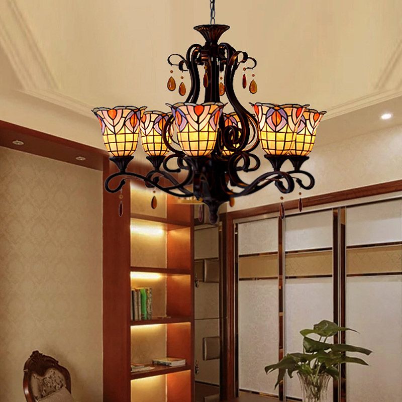 6 Lights Bedroom Ceiling Chandelier Victorian Red/Pink/Blue Drop Pendant with Floral Stained Glass Shade
