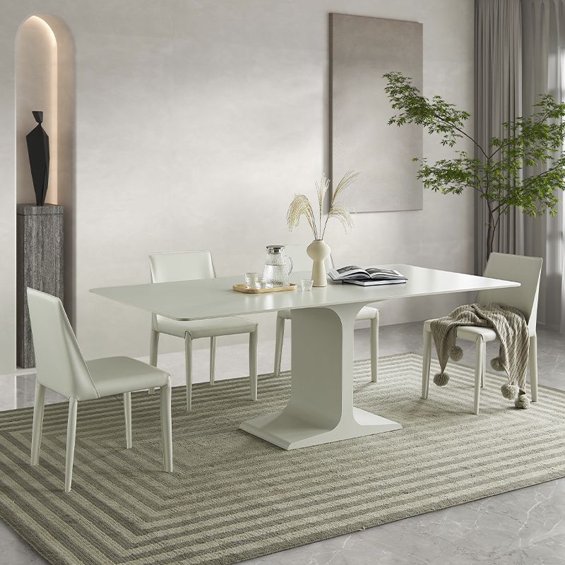 White Stone and Steel Dinner Table Rectangle Pedestal Casual Dining Table