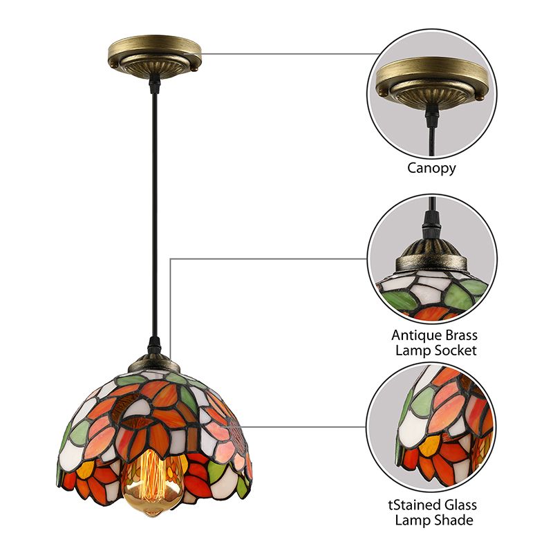 Tiffany-Style Hemisphere Pendant Lamp 1 Bulb Red/Orange/Orange-Green Stained Art Glass Ceiling Hanging Light