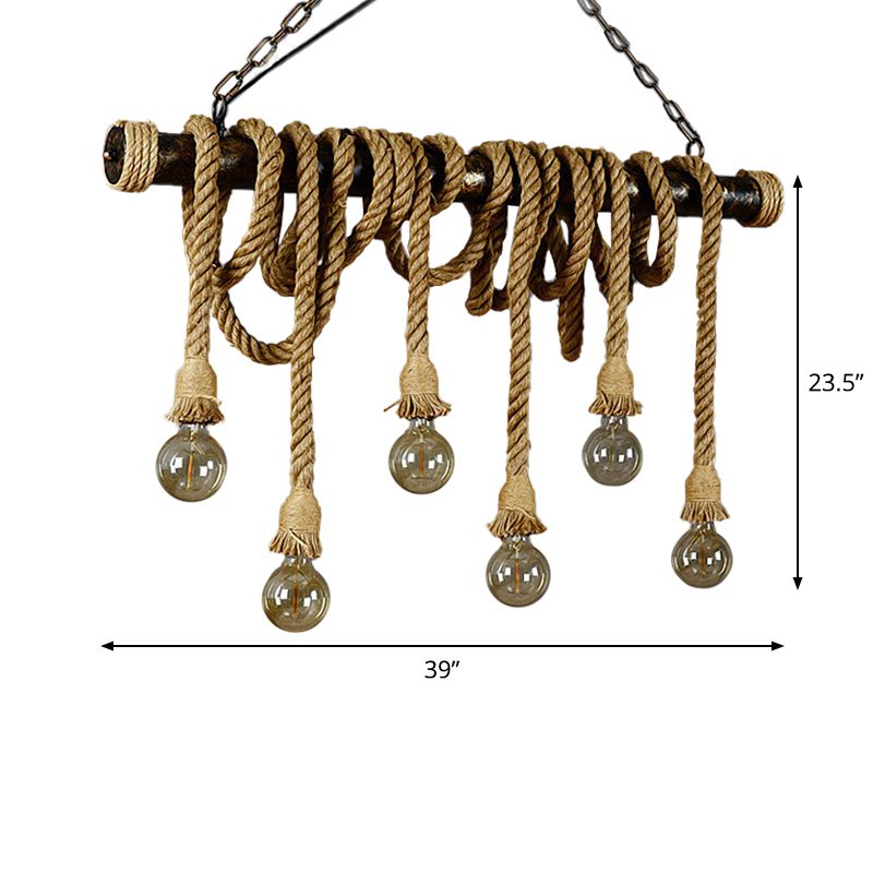 4/6 Lights Jute Rope Island Pendant Farmhouse Brown Linear Wine Bar Hanging Ceiling Light
