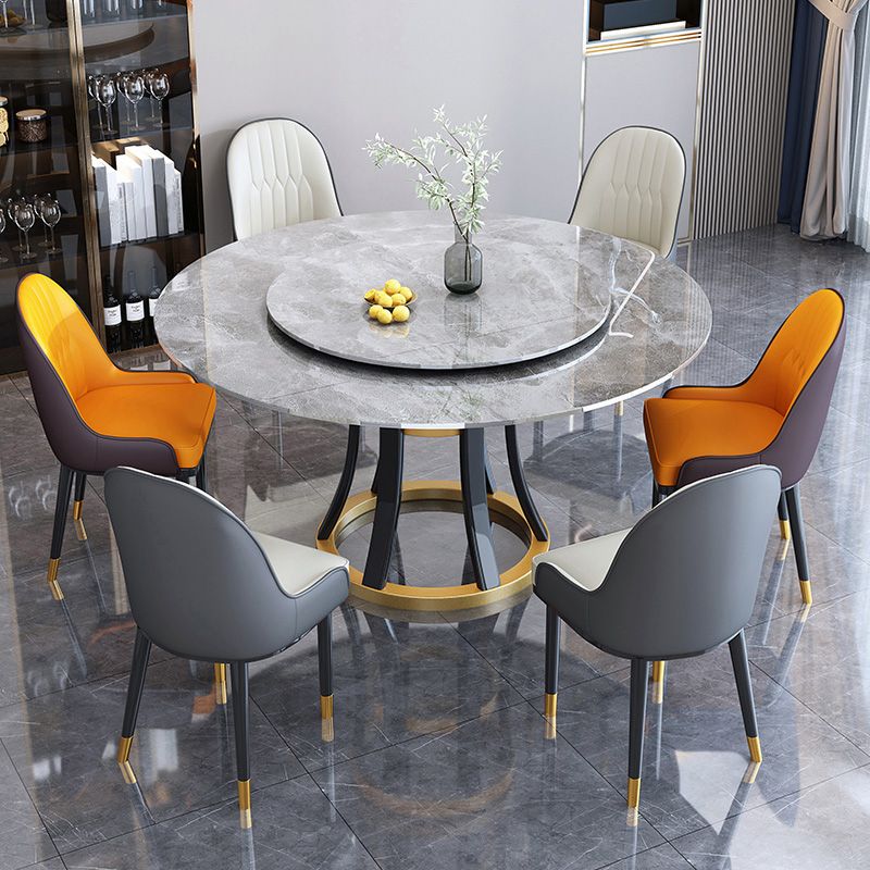 Round Sintered Stone Dining Table Modern Turntable Furniture with Solid Wood Pedestal Base