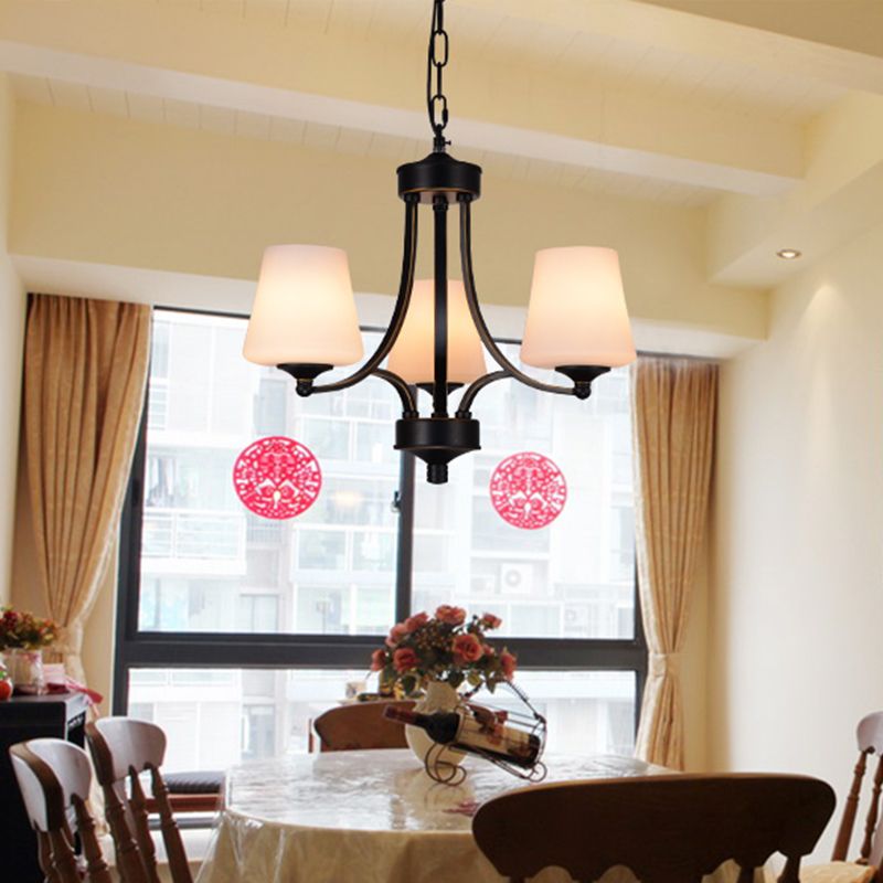 Conical Up Chandelier Rustic Gold-Black Ivory Glass Hanging Light for Living Room