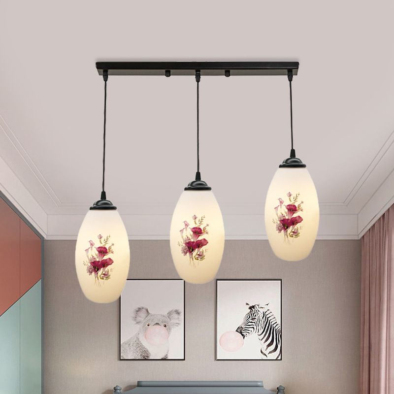 3 Lights Oval Multi-Pendant Modern Black Finish White Printed Glass Ceiling Hang Fixture with Round/Linear Canopy